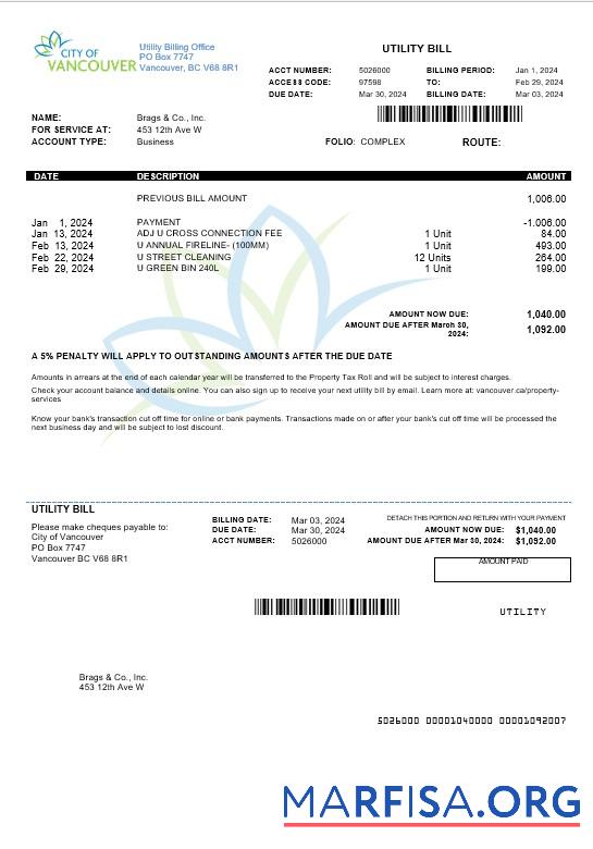 Blank Canada British Columbia City of Vancouver business utility bill example
